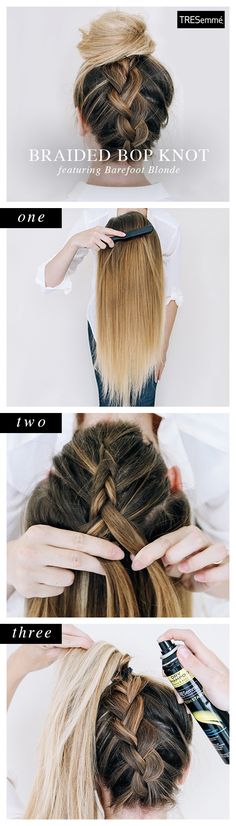 Take a topknot and a braid and you get a bopknot! Perfect for autumn's higher necklines. Click to learn how to get the look! Barefoot Blonde, Plaits Hairstyles, Long Hair Updo, Hair Tutorials Easy, Everyday Hairstyles, Different Hairstyles, Hairstyles Ideas, Hair Dos, Gorgeous Hair