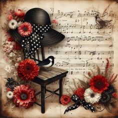 a chair with a hat on top of it next to flowers and music sheets in the background