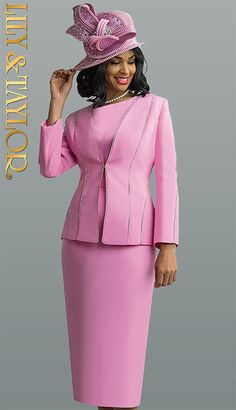 Introducing the Lily And Taylor 4619-PNK Church Suit, a statement piece for the woman who appreciates elegance and style. This meticulously designed suit is crafted for special occasions that call for a touch of sophistication and grace. The ensemble features a stunning pink color that is both eye-catching and demure, perfect for exuding confidence and femininity. The suit comprises a form-fitting skirt and a stylish jacket. The skirt is designed to complement your natural silhouette, ensuring you look polished and poised. Its knee-length cut offers a modest yet fashionable appearance suitable for various formal events. The seamless jacket is a true work of art, featuring a peplum waist that elevates the overall design. Made from a premium fabric blend, this suit promises durability and co Women Church Suits, Women Church, Church Suits, Peplum Jacket, Stylish Jackets, Dress Hats, Formal Event, Pink Color, Knee Length