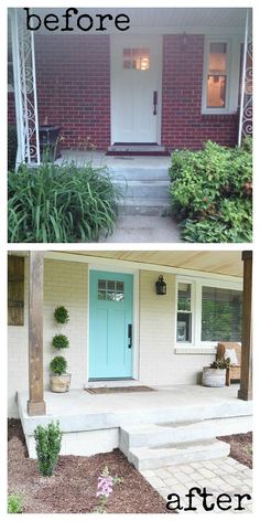 before and after photos of a front porch with steps leading up to the entrance door