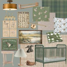 a baby's room with green and white decor, including a crib, rocking chair, lamp, duck pictures, and other items