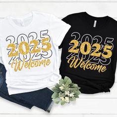 two t - shirts with the words welcome and 2055 are shown next to each other