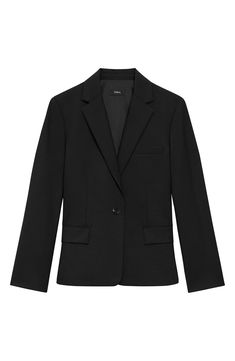 Cut from a rich wool blend with a touch of stretch, this handsome blazer boasts a modern slim fit for polished style. 23 1/2" length (size 8) Front button closure Notched lapels Bracelet-length sleeves Chest welt pocket; front flap pockets Lined 96% wool, 4% elastane Dry clean Imported Black Tailored Single Button Blazer, Career Black Single-button Blazer, Black Structured Single Button Blazer, Sleek Black Single-button Blazer, Tailored Single-breasted Black Blazer, One Button Blazer, Polished Style, Elie Tahari, Blazer Buttons