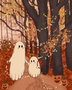 two white ghost standing in the middle of a forest with pumpkins on it's ground