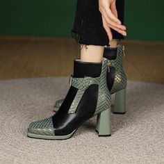 Step into something sassy with these green ankle boots! They're made with genuine leather and a strap with snake embossing. giving them a touch of wild style. The heel is the perfect height for all-day wear. and the pointed toe gives you a lengthened look. Whether you're headed to the office or out on the town. these versatile boots will take your style up a notch. Upper: Lambskin Lining: Leather Outsole: TPR Toe: Square Toe Closure: Zip Heel:  7.5cm/3'' Color: Green made: Yes Green High Ankle Heels For Fall, Green Ankle Boot Heels For Winter, Green Faux Leather Ankle-high Boots, Green High Heel Faux Leather Boots, Green High Heel Boots For Fall, Chic High Ankle Green Boots, Chic Green Ankle Heeled Boots, Trendy Leather Heeled Boots With Ankle Strap, Trendy Leather Ankle Strap Heeled Boots