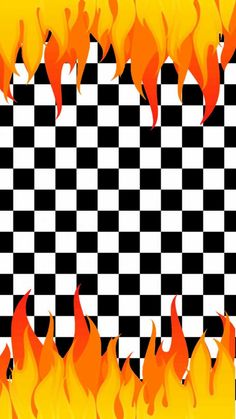 a black and white checkered background with flames