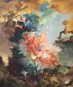 an abstract painting with flowers and clouds in the background