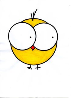 a drawing of a yellow bird with big eyes