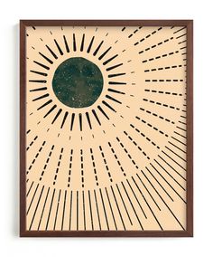 an art print with sun rays in the center and green circle on it's side