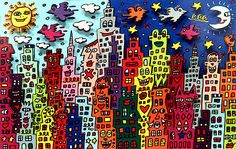 an image of a colorful cityscape with birds flying in the sky