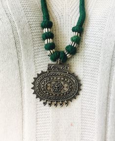 silver,necklace,antique,Indian,ethnic,choker, vintage,green thread,handmade,thread necklace, tribal,BOHO,pendant necklace,mothers day gift by CarvedTreasure on Etsy Boho Pendant Necklace, Oxidised Silver Jewelry, Green Thread, Boho Pendant