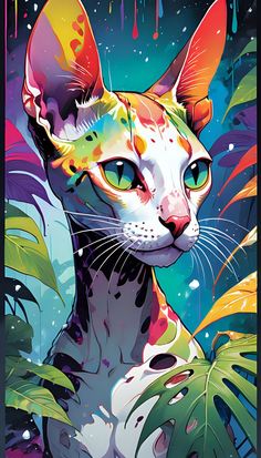 a painting of a cat with green eyes and colorful paint splatters on it