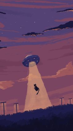 a cat flying in the sky with an alien hovering over it's head on top of a hill