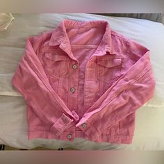 Brand New Link Jean Jacket, Size S Casual Pink Cropped Jacket With Pockets, Trendy Pink Cropped Jacket With Pockets, Casual Solid Color Cropped Jacket For Spring, Casual Spring Cropped Jacket, Pink Jean Jacket, Pink Jeans, Jacket Brands, Jean Jackets, Jean Coat