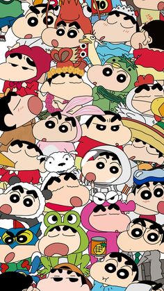 many cartoon characters are grouped together in the same pattern, and each has different facial expressions