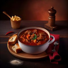 a bowl of stew with bread on the side