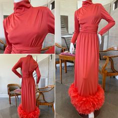 Such A Glam Bomb! Super Rare 1970's Victor Costa Dress Made For I. Magnin Featuring A Glamourous Wide Feather Hemline. This Is Such An Iconic Piece, In A Gorgeous Coral Red Color And Timeless Silhouette Of The 70s. I Found Only One Other, Sold Awhile Ago By A High-End Vintage Broker In California For Somewhere Between $600-700. Excellent Vintage Condition. Noticed A Couple Of Minor Markings Near Feather Hem (As Shown). Approx Measurements: Bust 36", Waist 25/26", Length 59" Form Pics Are Of The Sold Dress, Which Appears To Be Same Size & Condition As Mine. All Other Photos Are Actual Item. Feather Trim Dress, Victor Costa Dress, Coral Red Color, Glamour Dress, Feather Trim, Trim Dress, Coral Red, The 70s, Dress Making