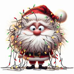 a cartoon santa clause with christmas lights on his head and hands, standing in front of a white background