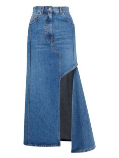 Get ready to elevate your denim game with this slashed midi skirt from Alexander McQueen. The stonewashed blue cotton denim and cut-out detailing give it an edgy yet versatile look, perfect for any occasion. With front button and zip fastening and classic five pockets, this skirt is both stylish and practical. Stonewashed blue cotton denim Cut-out detailing for an edgy look Front button and zip fastening Classic five pockets for practicality | Alexander Mcqueen Women's Denim Midi Skirt in Blue | Denim Skirt Runway, Flared Denim Skirt, Skirt Asymmetrical, Denim Pencil Skirt, Y Project, Denim Midi Skirt, Jeans Rock, Denim Flares, Flared Skirt