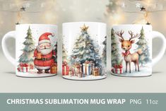 three coffee mugs with christmas decorations on them