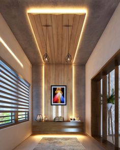 a modern living room with wood paneling and lights on the ceiling is lit by recessed lighting