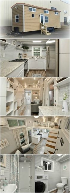 the inside of a tiny house with stairs leading up to it