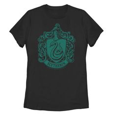 a harry potter t - shirt with the sly crest in green and black on it