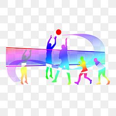 three people playing volleyball on a court with colorful lines in the background png and psd