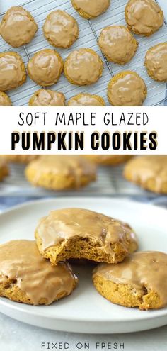 soft maple glazed pumpkin cookies on a white plate with a cookie sheet in the background