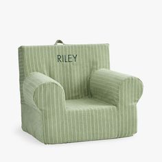 a green chair with the word riley written on it