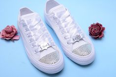 Made with love for your wedding day by Lovin Bridal - More Wedding shoes at our shop : http://lovincollection.etsy.com These Blinged Bride Converse are simply amazing. Personalized with our new Shoelace Tags in different colors and shapes You can add the date of your Wedding , your name or anything you want. It's not just the bride that can use a pair of customised Bridal Converse, they are suitable for the entire wedding party from your Maid of Honor, Bridesmaid, to the father of the bride they Silver Lace-up Sneakers For Wedding, Shoe Lace Charms, Sequin Converse, Bride Converse, Rhinestone Converse, Lace Charms, Bridal Converse, Wedding Converse, Converse Trainers