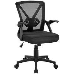 an office chair with black mesh back and arms, viewed from the front angle on a white background