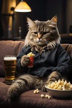 a cat that is sitting on a couch eating popcorn