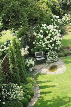 a bench in the middle of a garden with white hydrangeas and bushes around it