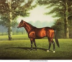 a painting of a brown horse standing in the grass near some trees and a fence