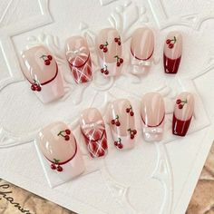 Plaid Almond Nails, Red Kawaii Nails, Red Nail Designs Almond Shape, Cherry Red Christmas Nails, Red Charm Nails, Cute Nail Designs Red, Nail Designs With Hearts, Korean Winter Nails, Red Cute Nails