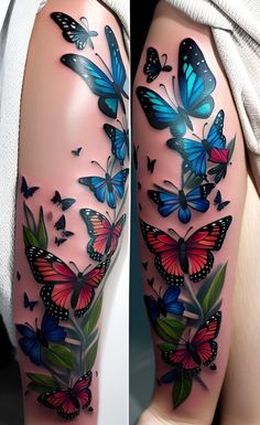 a woman's leg with colorful butterflies on it