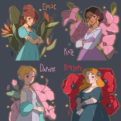 four different princesses with flowers in their hair