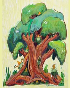 a drawing of a tree with lots of green leaves and animals on it's branches