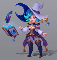 a cartoon character with blue hair wearing a witches hat and holding a magic wand in her hand