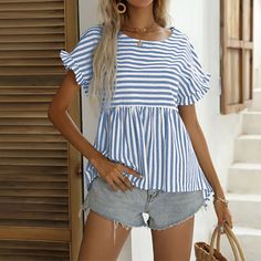 F00231470-302 Leopard Fashion, Striped Short Sleeve Shirt, Round Neck Shirt, Loose Top, Peplum Hem, Striped Short, Short Sleeve Pullover, Woven Top, Dress Size Chart