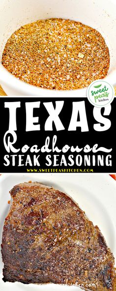 two plates with steaks and seasoning on them in front of a sign that says texas