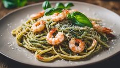 pasta with shrimp and pesto sauce on a white plate, garnished with basil leaves