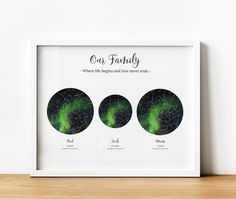 three green circles with the words our family on them in black and white, against a white wall