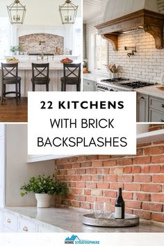 A collage of three kitchens each showcasing a unique brick backsplash paired with a mix of rustic and modern cabinetry styles. Unique Kitchen Countertops, Kitchen Brick, Small Farmhouse Kitchen, Transitional Kitchen Island Lighting