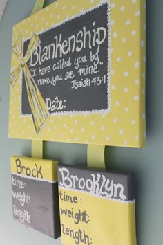 two yellow and gray signs hanging on the wall next to each other with words written on them