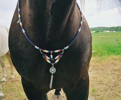 a close up of a horse wearing a beaded necklace