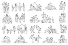 a group of people sitting and standing around each other in different poses, all drawn by hand