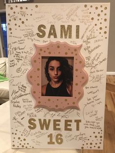 a pink and gold framed photo with the words sami sweet 16 written on it