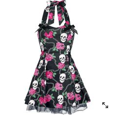 New Pinup Style Scull And Roses Dress. Black/White/Pink/Green. Ties Behind Your Neck. Zippers Up The Side. Tull Under Skirt. Size M. Pink Fitted Rockabilly Dress, Rockabilly Halloween Party Dress, Fitted Rockabilly Dress For Halloween, Fitted Skull Print Dress For Spring, Fitted Skull Print Dresses For Spring, Spring Fitted Dress With Skull Print, Sleeveless Skull Print Party Dress, Black Rockabilly Dress For Spring, Rockabilly Black Dress For Spring